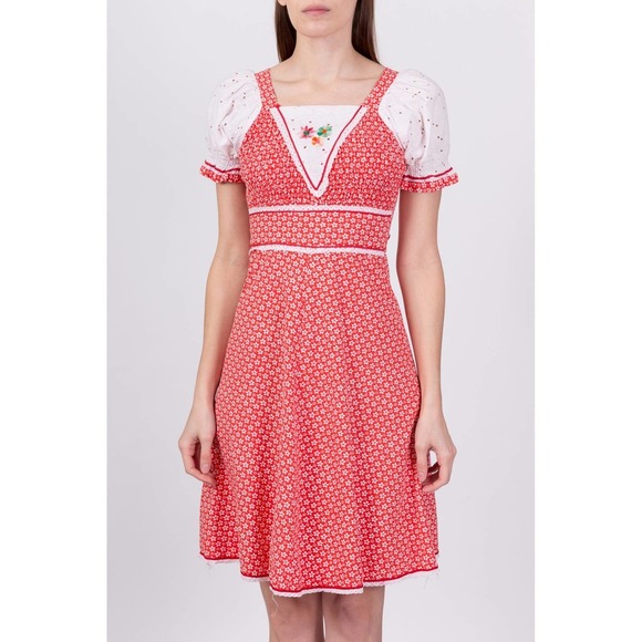 70s Red & White Floral Puff Sleeve Mini Dress - Extra‎ Small - Picture 2 of 6